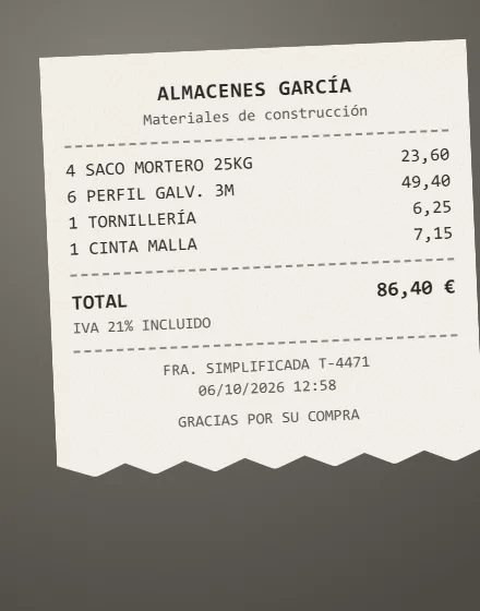 Ticket de Almacenes García por 86,40 euros: mortero, perfiles galvanizados, tornillería y cinta de malla